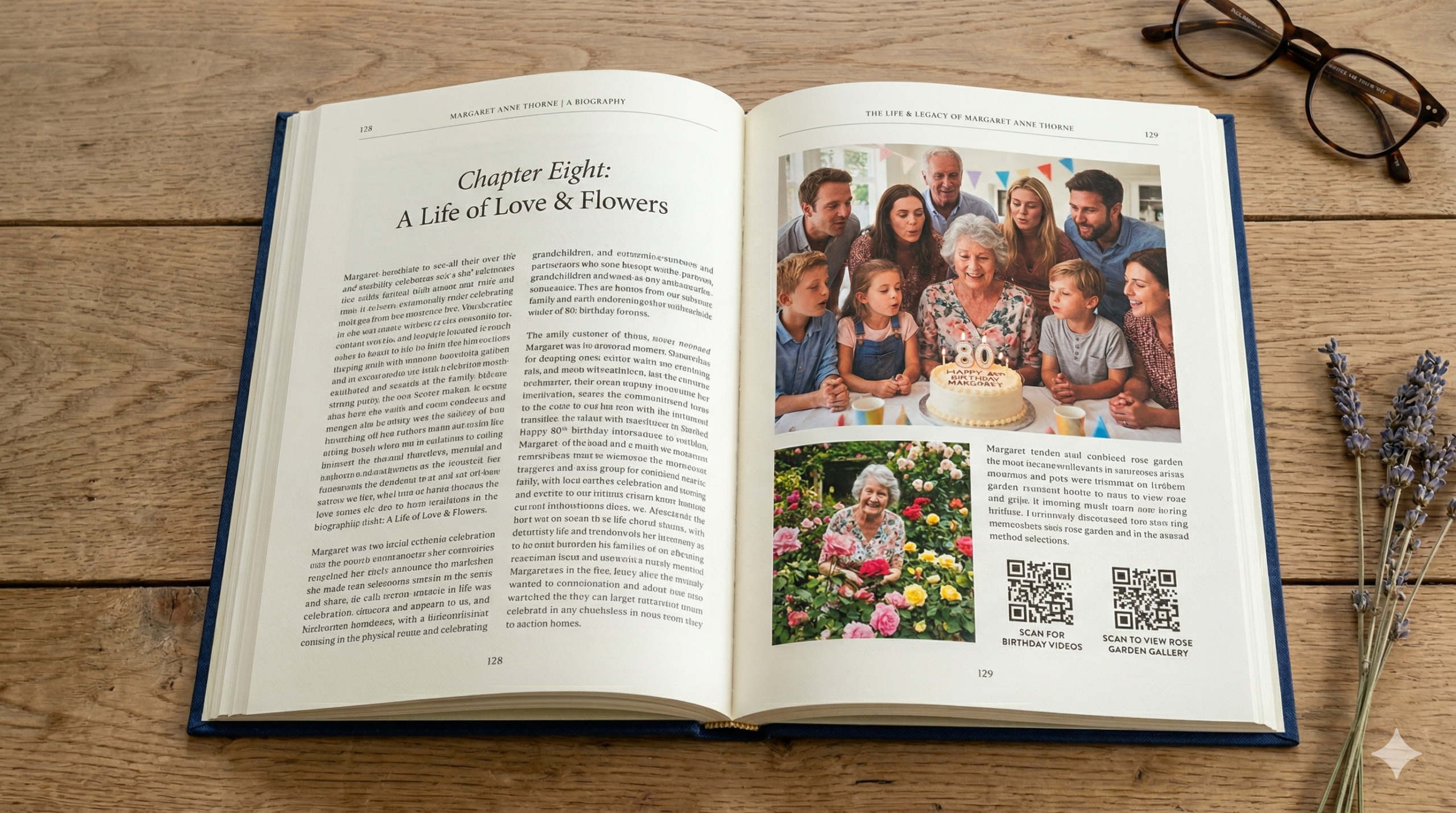 An open Family Story biography showing Chapter Eight: A Life of Love and Flowers, with family photos and QR codes